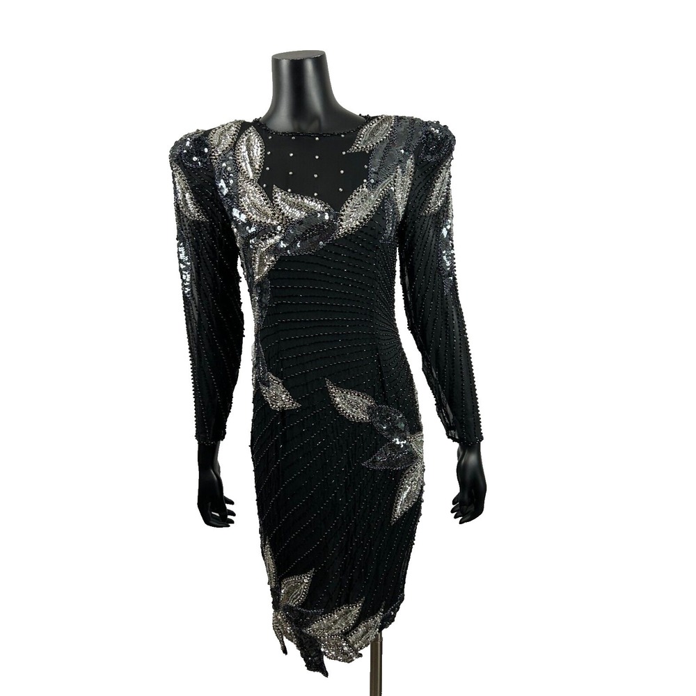 A.J. BARI Silk Beaded Sequins‎ Long Sleeve Fashion Dress Black Women's 6 Flaws - Picture 2 of 10